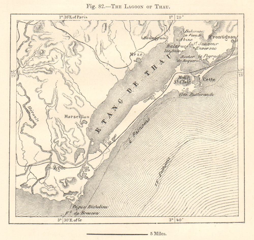 Lagoon / Étang de Thau. Cap d'Agde Sète Frontignan. Herault. Sketch map 1885